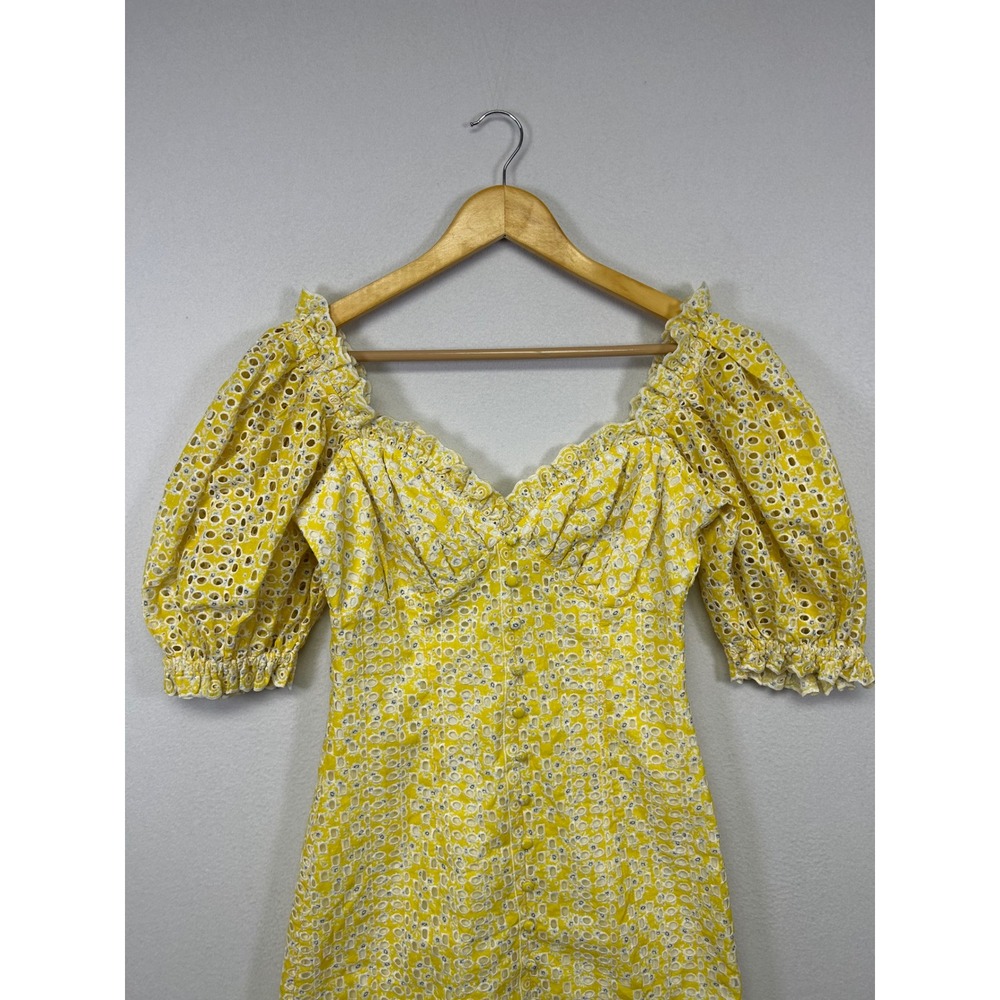Cottagecore LINI Women XS Yellow Floral Eyelet Puff Sleeve Mini Dress Sweetheart - Picture 9 of 11